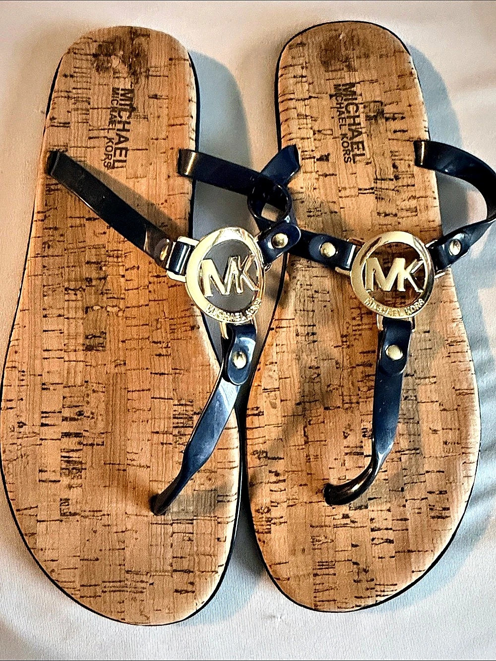 Michael Kors MK Plate Thong Sandal Strappy Cork Footbed Sandals in Black & Brown
